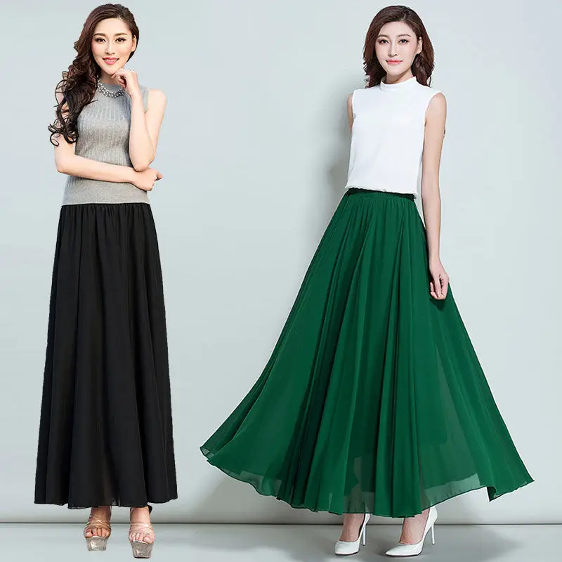 HongBiTu Women Sexy beautiful stretch High Waist Pure color  Chiffon Skirt Dance long skirt YF0045