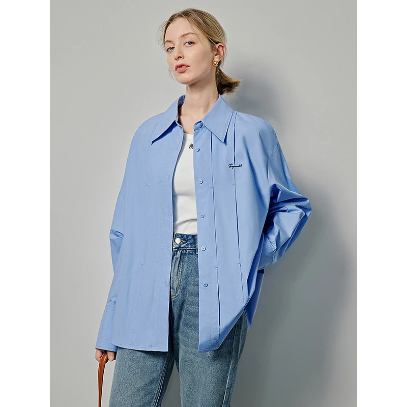 TOYOUTH Women Solid Color Blouse 2024 Autumn New Pleated Turn Down Collar Single-breasted Button Lanton Sleeve Blouse Shirt Tops