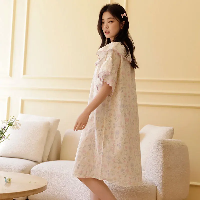 Women's 100% Cotton Gauze Ditsy Floral Short Sleeve Button-Front Nightgown with Ruffle Collar & Hem, Breathable Summer Sleepwear 2