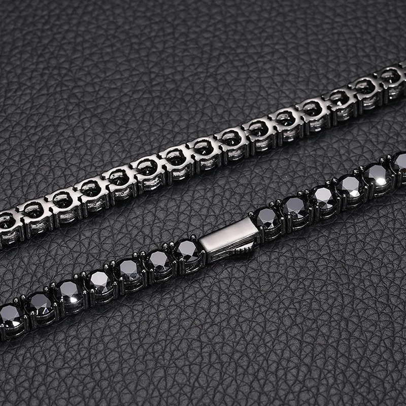 S925 Silver Black Mosang Stone Tennis Chain Multi width Single Row Fashion Brand Men's Hip Hop Necklace