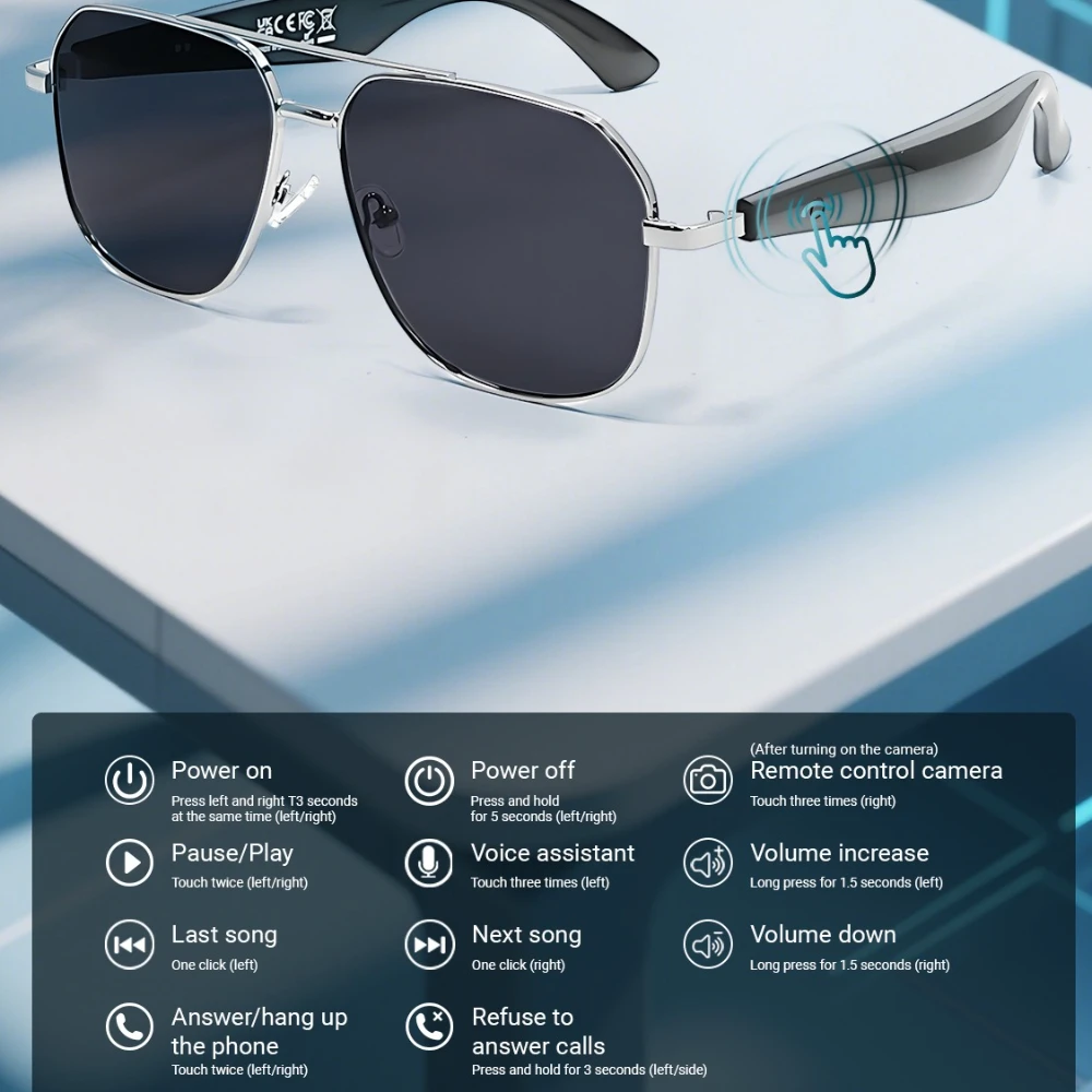 Gafas inteligentes con altavoz, llamada Bluetooth, Audio inalámbrico, táctiles, llamadas manos libres, auriculares de música estéreo, gafas de sol inteligentes