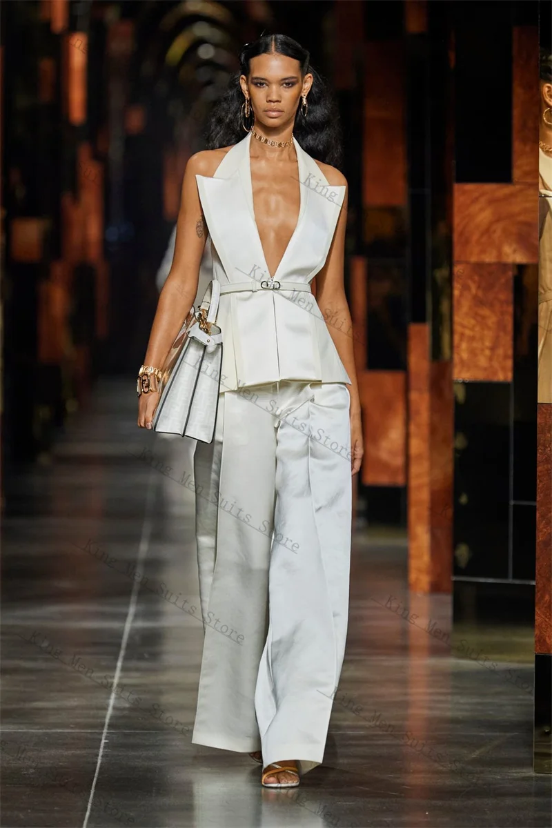 

White Women Suits Set 2 Pieces Vest+Pants Trousers Belted Customized Office Lady Jacket Sleeveless Wedding Tuxedos Cotton Coat