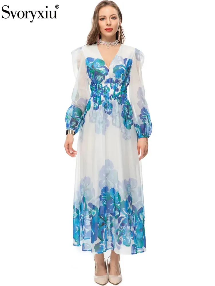 

Svoryxiu New Spring Summer Fashion Designer Floral Print V-Neck Long Dress Women's Lantern Sleeve High Waist Slim A-Line Dresses