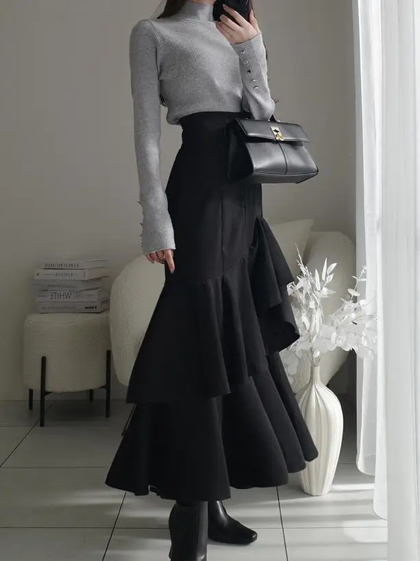 

Summer New 2025 Japanese Sle Sweet Lace Hem Asymmetrical Elastic Waist Pure Color Long f Skirt A-Line Silhouette Daily Wear
