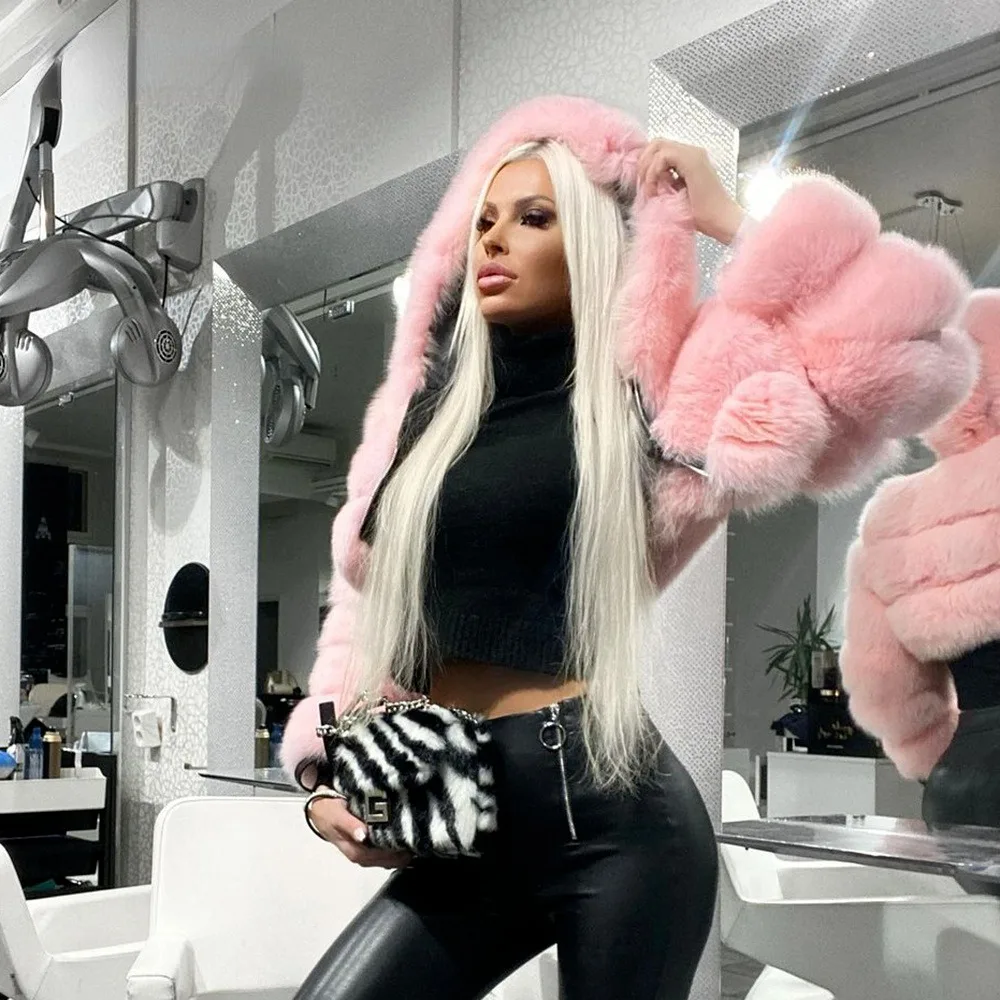 المرأة ريال فوكس الفراء هود معطف قصير سترة الشتاء حقيقية أزياء أبلى العصرية الملابس النسائية الجديدة