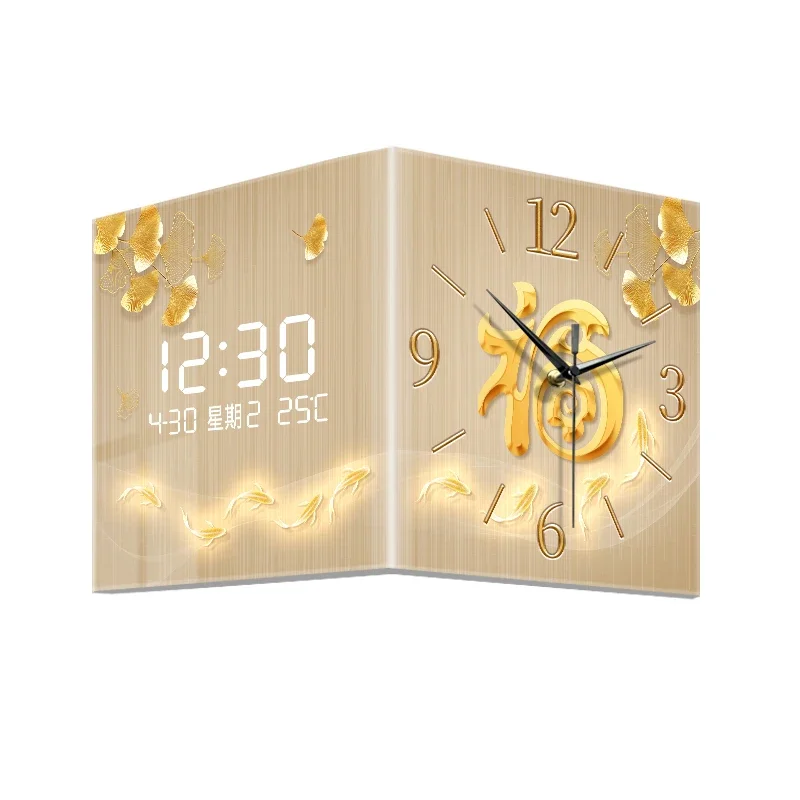 #￥Luxury Large Wall Clocks Design Nordic Light Modern Temperature Date Digital Corner Clock Office Kitchen Home Decoration