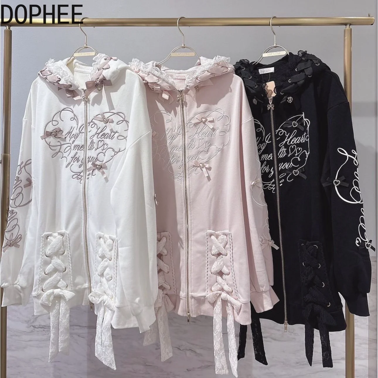 

Японский универсальный осенний милый свитшот с вышивкой букв на молнии, свободные кардиганы, пальто с милым бантом, кружевные топы с капюшоном и длинными рукавами