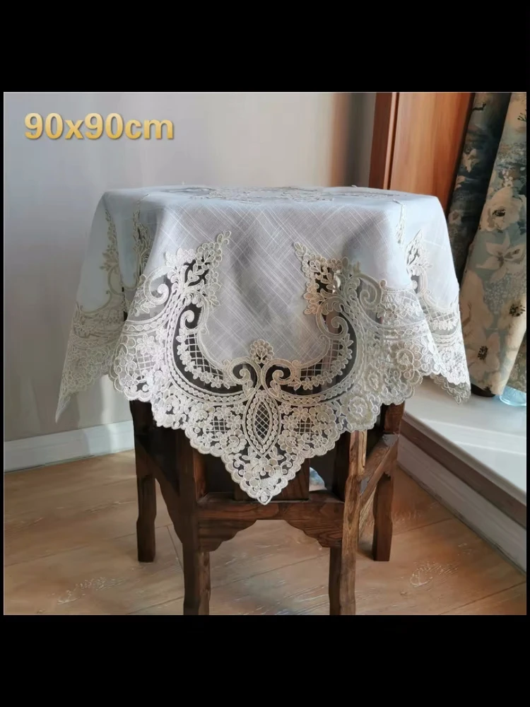 Quality European Cotton And Linen Fabric Lace Embroidery Retro Tablecloth Balcony Bedroom Small Round Table Cloth Mantel Nappe