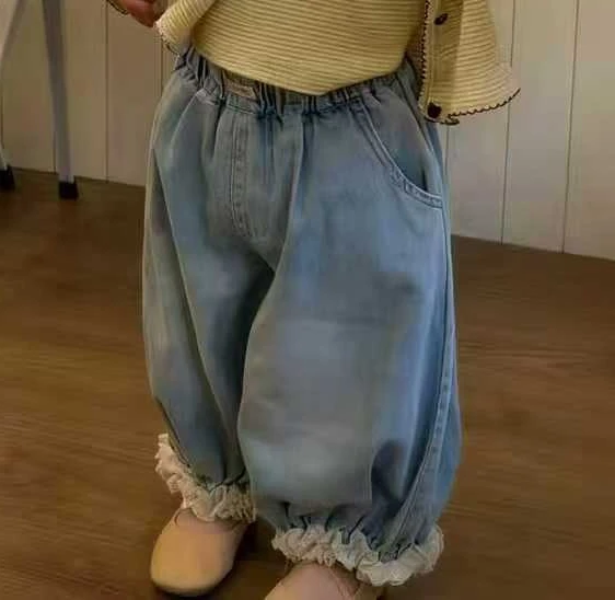 Girls Lantern Pants 2026 Spring and Summer New Children Lace Jeans Super Beautiful Baby Pants Trendy