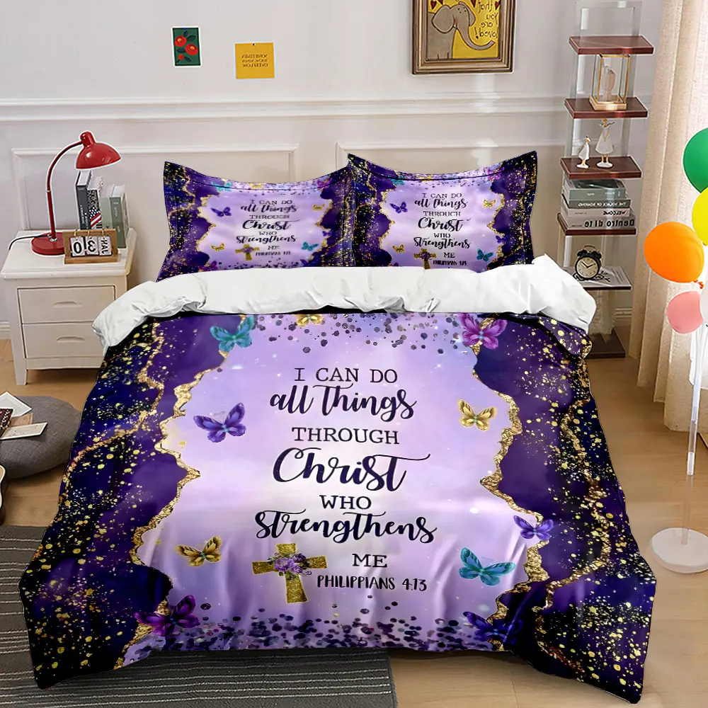 Inspirational Purple Christian Decor Set  kid's and adults' bedroom decor, Exquisite three-piece bedding set gift