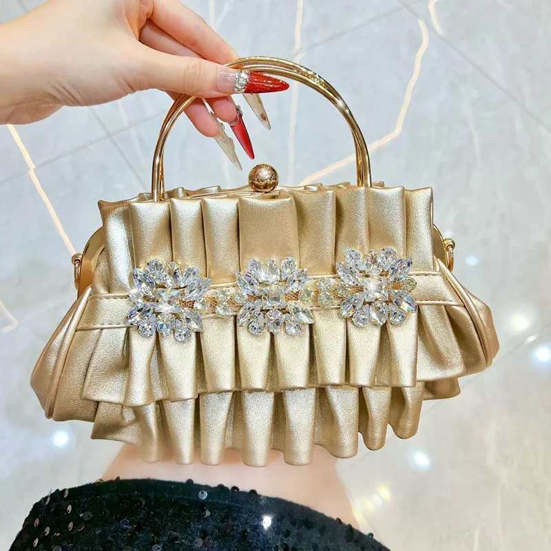 

2025 Brand Elegant Pleated Wedding Party Evening Clutch Bag Luxury Women Wrinkle Diamonds Handbag New Fashion Crossbody Bag
