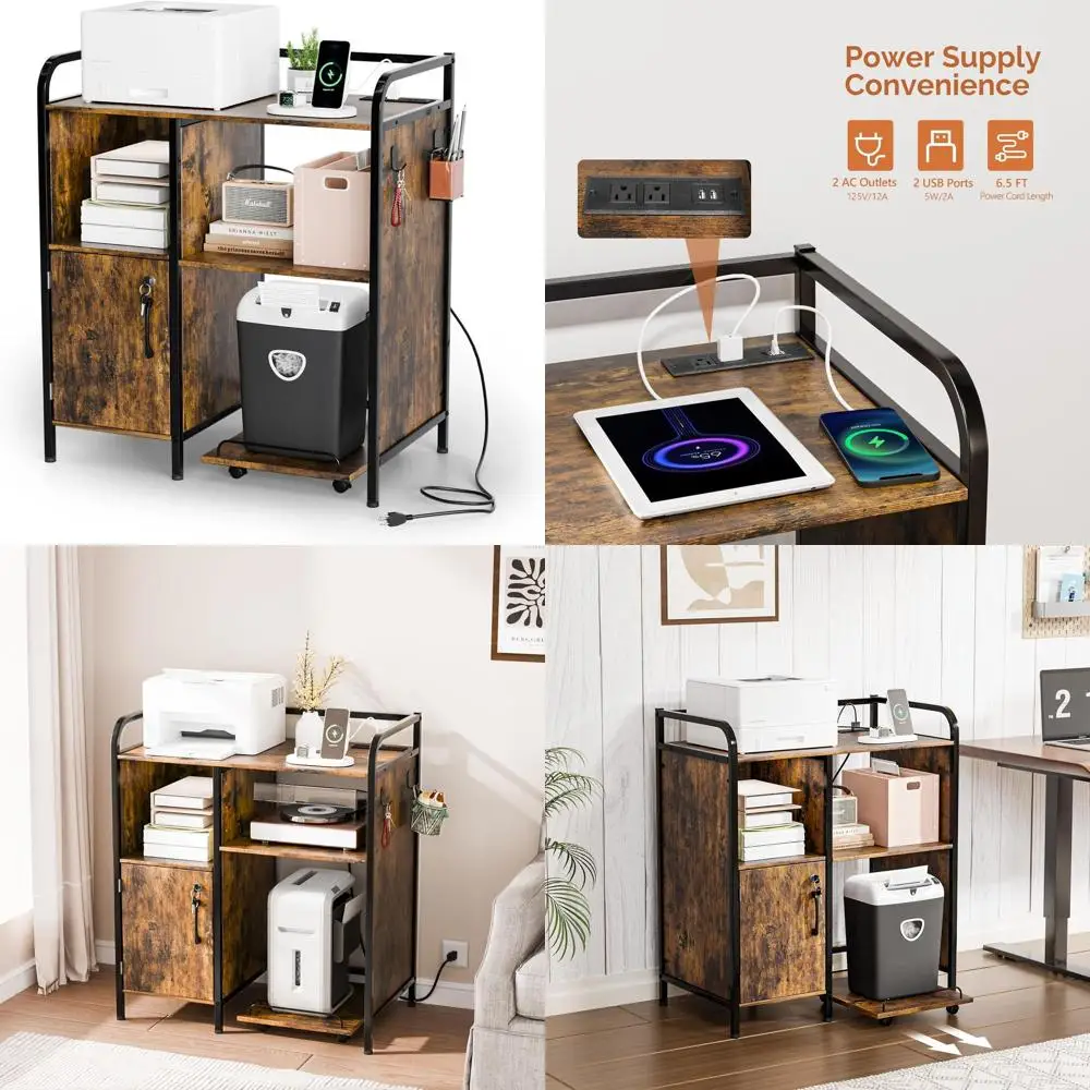 

Передвижная подставка для принтера, передвижная подставка для уничтожителя документов, шкафы для хранения с розеткой и USB, полки для домашнего офиса в деревенском стиле, коричневые