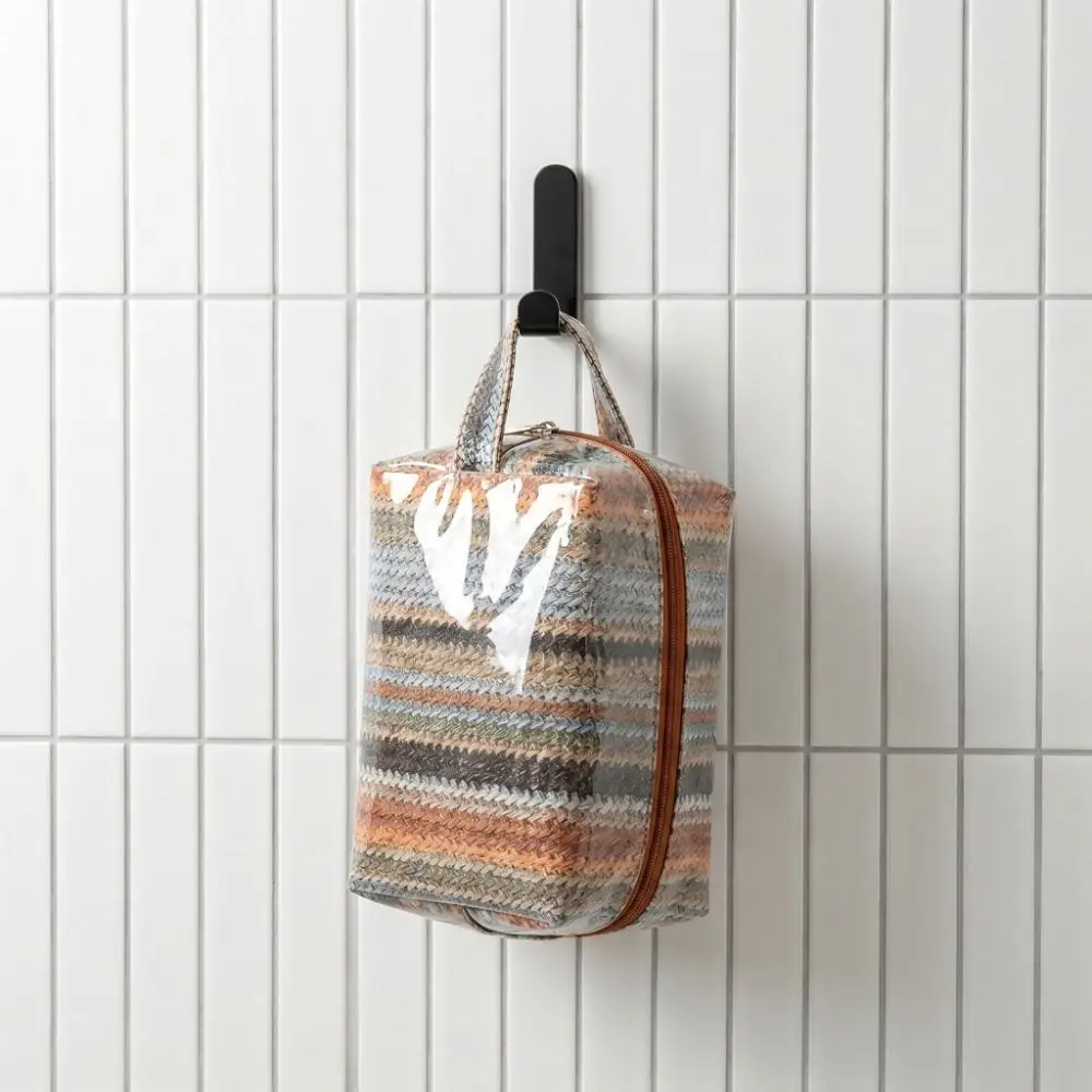 Imitation Straw Weave Pattern Portable Cosmetic Bag Waterproof Large Capacity Travel Toiletry Organizer Smooth Zipper