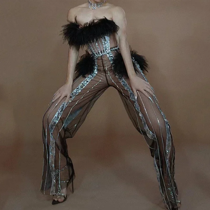 Sexy Mesh Transparent Pailletten Overall Frauen Pole Dance Kleidung Nachtclub Ds Dj Gogo Rave Outfits Drag Queen Kostüm XS7561