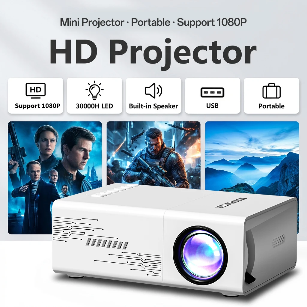 

Портативный проектор с поддержкой 1080P для домашнего кинотеатра и развлечений, подключение по USB, компактный размер для удобной переноски