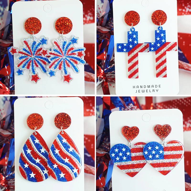 Shining Independence Day Red, White, Blue Fireworks Star Pendant Earrings American Flag Cross USA Water Drops Star Heart Earring