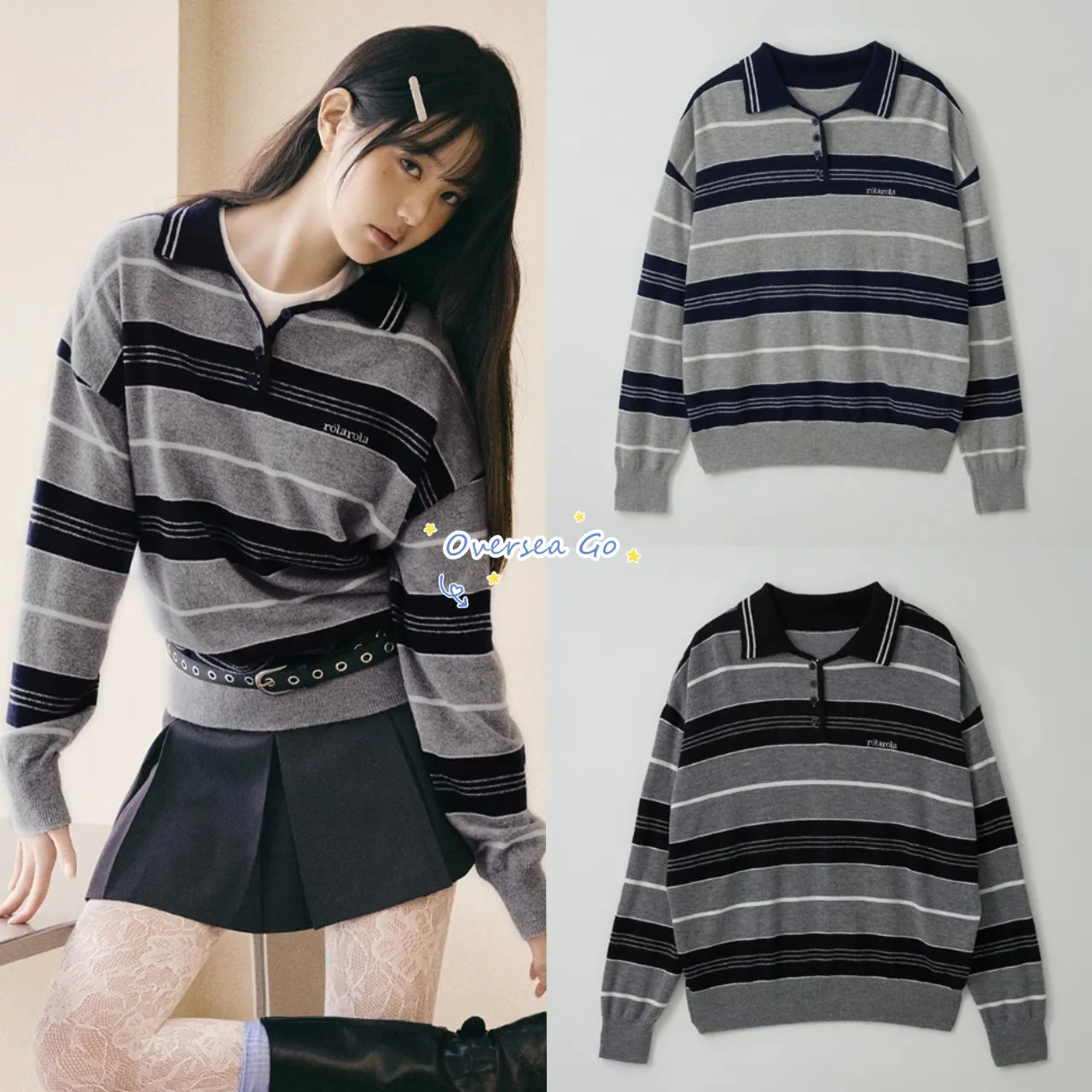 

Zhang Ying British Casual Striped Knitted Sweater Women's Turn-down Collar Long Sleeve Warm Thermal Commuting Style