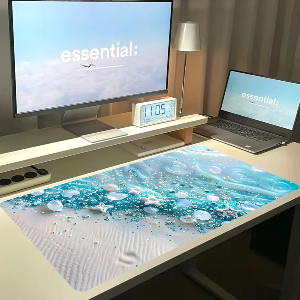 แผ่นรองเมาส์ขนาดใหญ่ ลายเปลือกหอยสีน้ำเงิน แผ่นรองโต๊ะพร้อมขอบเย็บ แผ่นรองเมาส์กันลื่นขนาด XL ฐานยาง แผ่นรองโต๊ะสำหรับสำนักงานและบ้าน