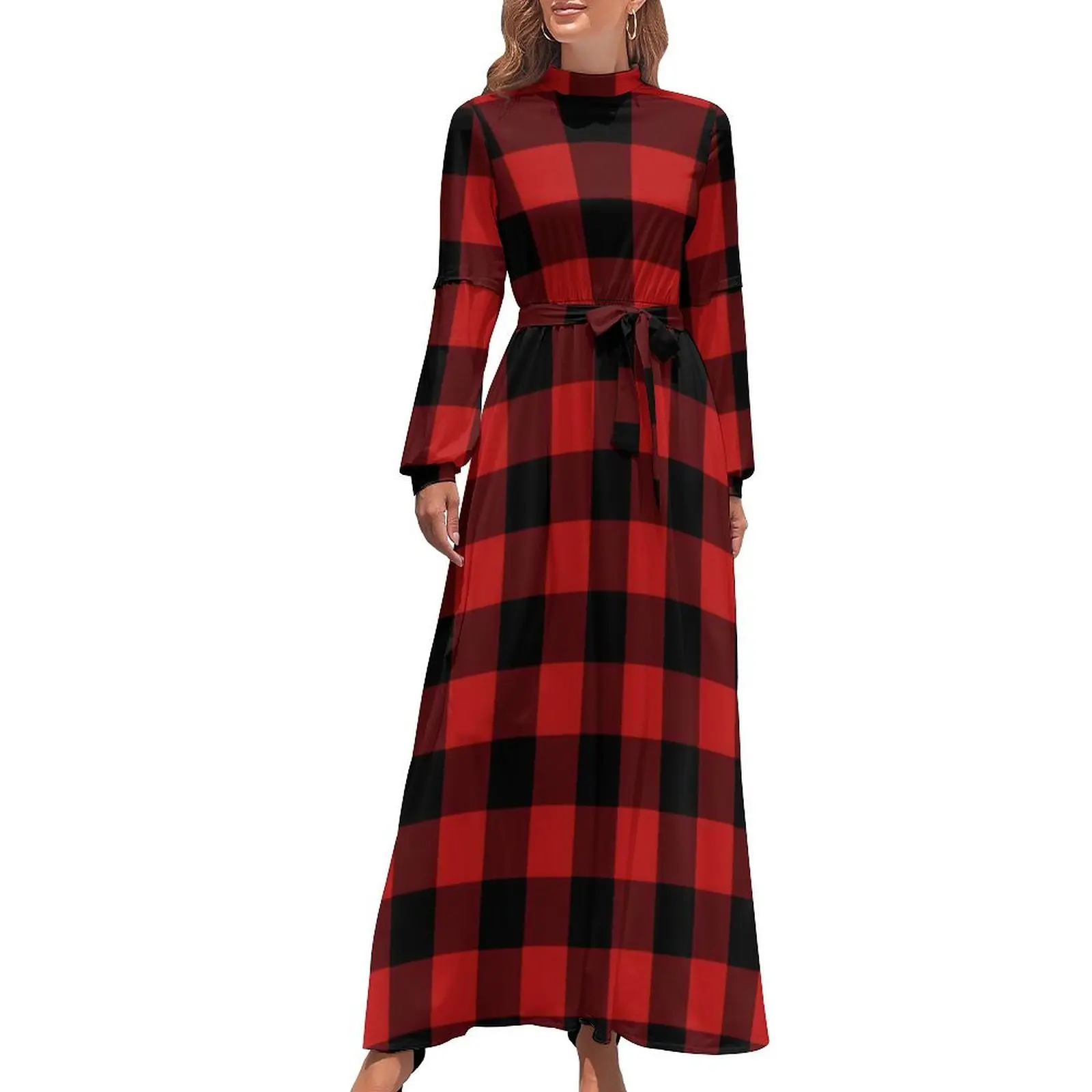 Red And Black Plaid Dress Checkerboard Aesthetic Bohemia Dresses Womens Long Sleeve High Waist Cute Long Maxi Dress