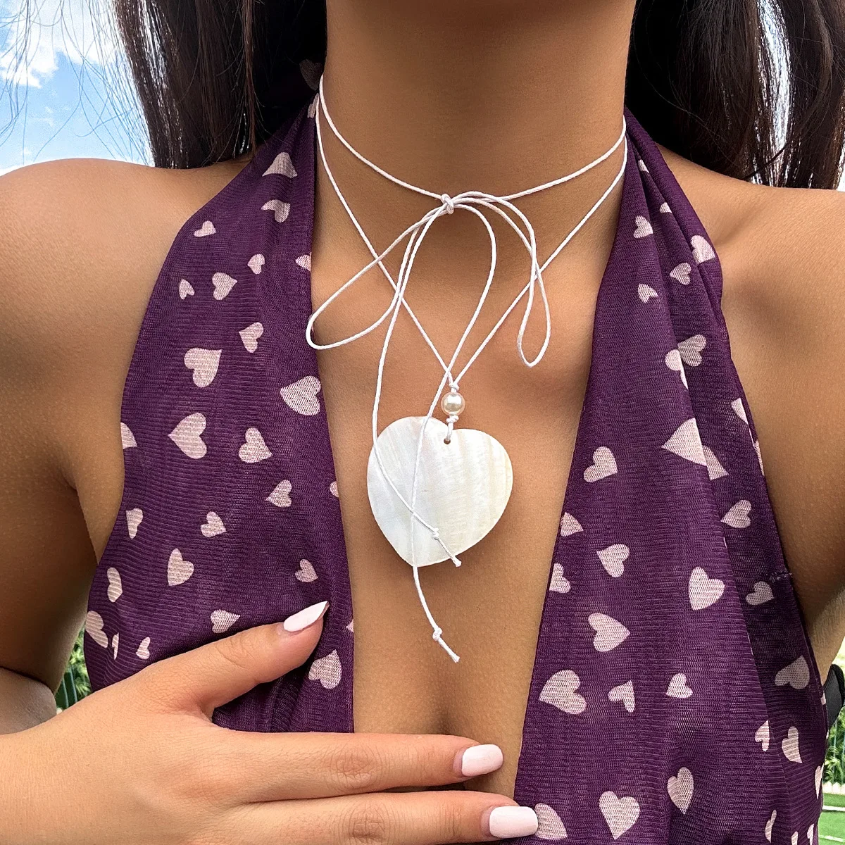 Heart Circle Pendant Necklace Beach Long Drop Shell Charm in Vintage Silver Alloy Lightweight for Women Vacation Jewelry