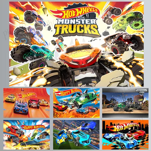 PHOTURT Hot Wheels Monster Trucks telón de fondo niños cumpleaños fotografía Banner juego carrera coche foto fondo poliéster vinilo Accesorios