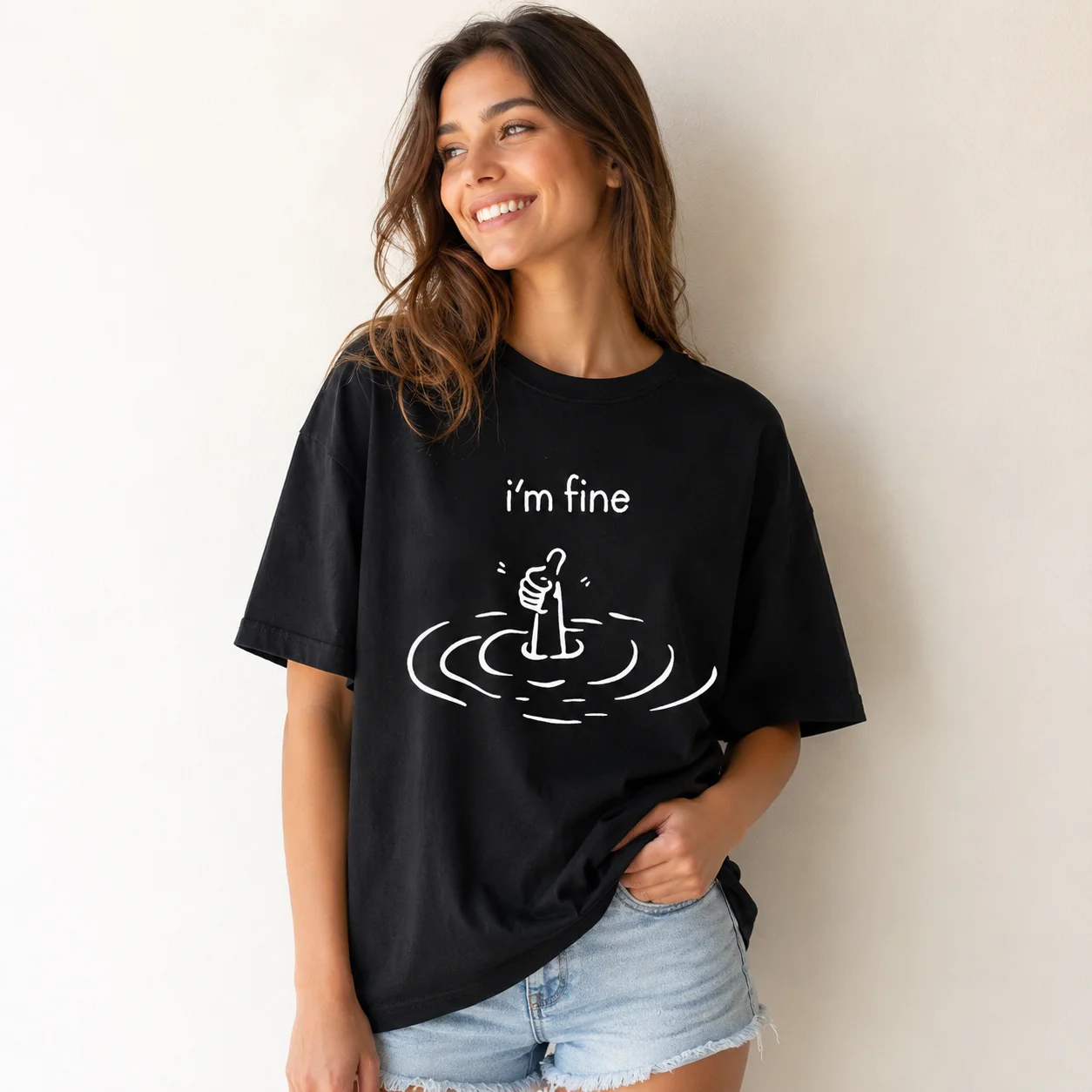 I'm Fine Back Printed T-shirt Men's and Women's Fun Mental Health T-shirt Humorous Cotton Short Sleeve T-shirt Fashion T-shirt