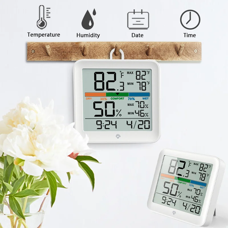 

4-In-1 Multifunction Thermometer Hygrometer Indoor Temperature Humidity Clock Date Time LCD Color Display Thermometer Hygrometer