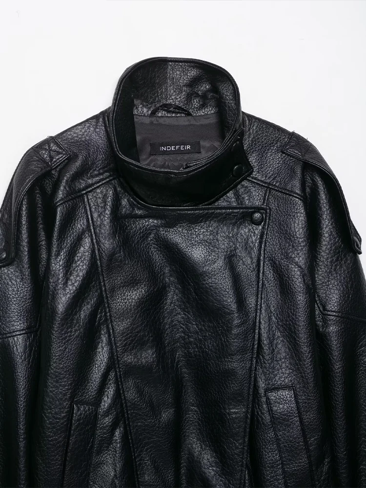 Giacca in pelle a maniche lunghe con colletto alla coreana in similpelle con cerniera alla moda da donna in stile europeo e americano