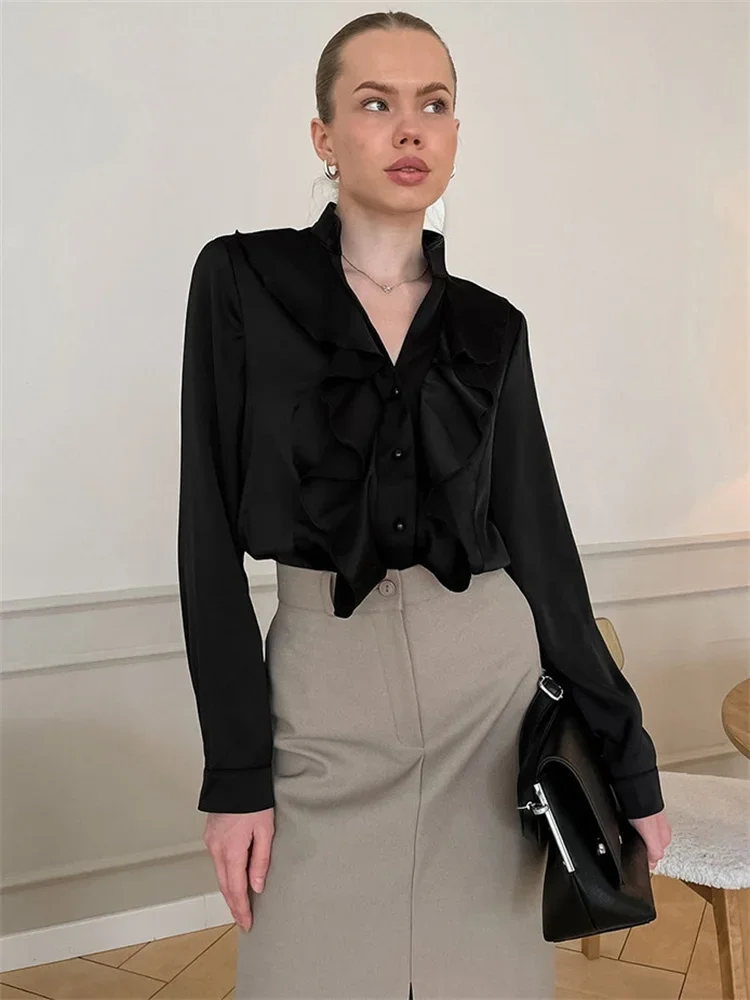 

Casual Ruffled Satin Shirts Female Patchwork Elegant Commute Fashion Clothes Solid Long Sleeve Autumn Ladies Blouse