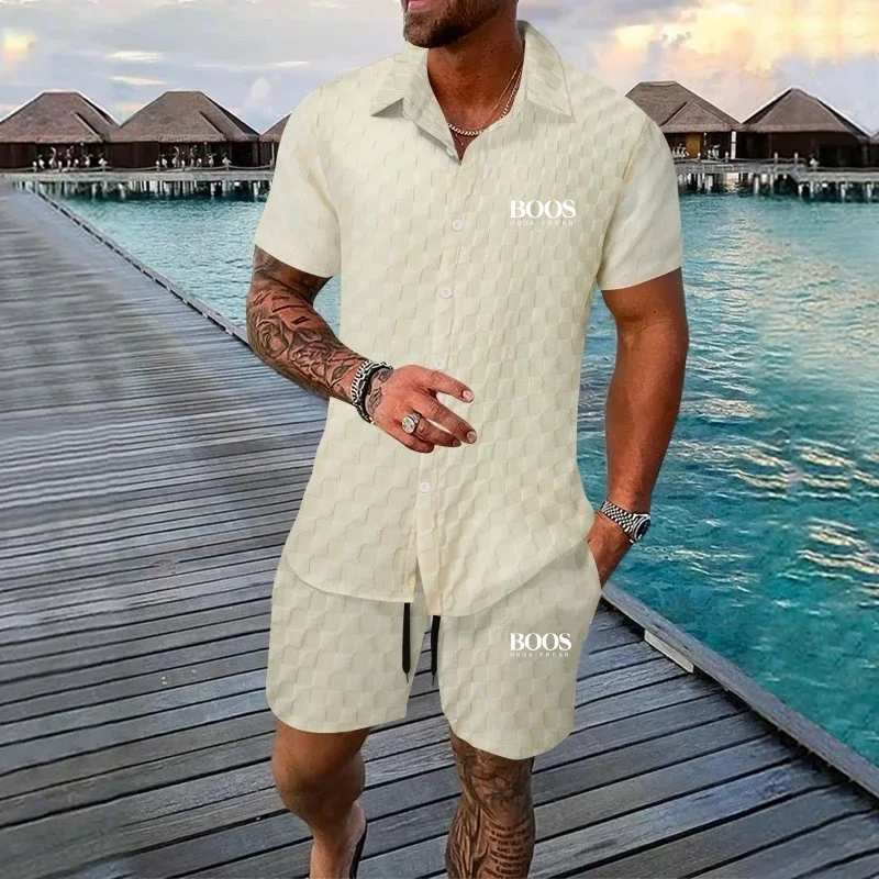 New Embroidered 100% Polyester Men's Fashionable Beach Short Sleeved Set Cardigan Solid Color Checkered Casual Beach Set