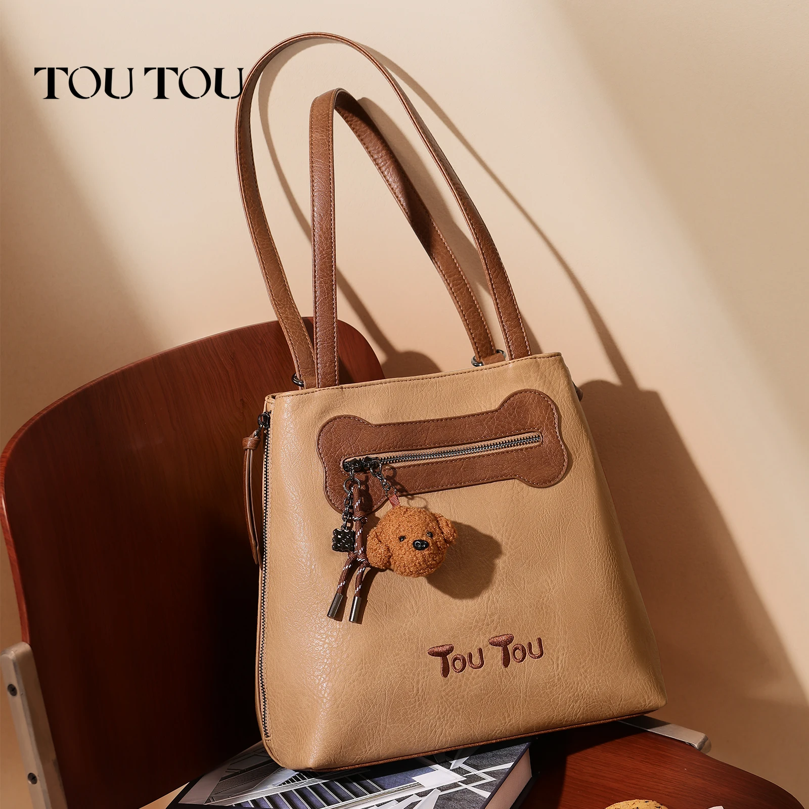 TOUTOU Brown Tote Bag Women Cute Pendent Shoulder Underarm Handbag Original Designer Large Capacity Shopper Bag Christmas Gift