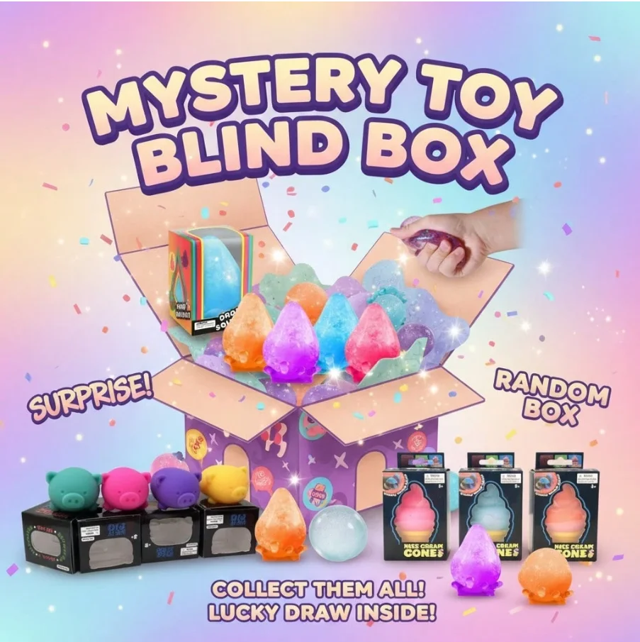 

2 Chances Squishy Mystery Blind Box | Independent Random Draws | Water Drop, Blue Coconut Oil, Random Pig & Ice Cream Squishy
