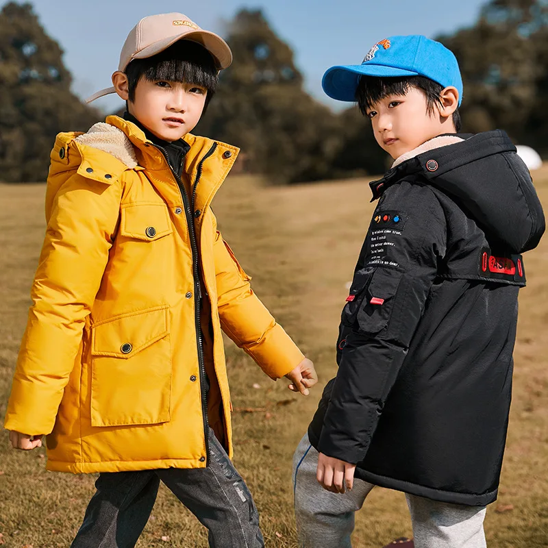 

Boys Kids Long Loose Thick White Duck Down Jacket Yellow,Green,Black Baby Coat, Children Hooded Padded Jacket Clothes Winter