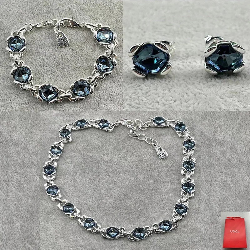 2024 Spain UNOde dazzling luxury and gorgeous quadrilateral blue crystal jewelry set for women's gifts