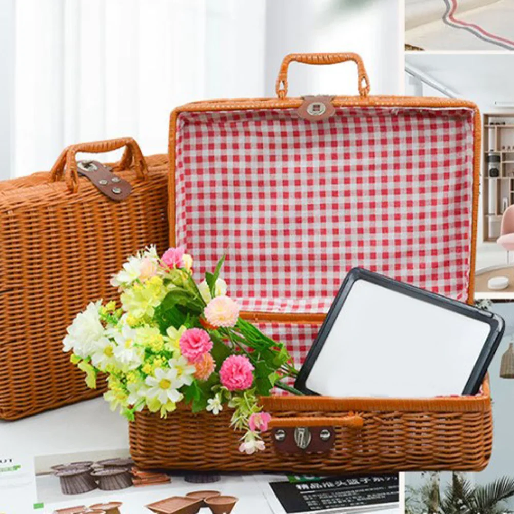 Portable Picnic Baskets Imitation Rattan Suitcase Storage Bins with Lids Simulated Handwoven Hamper Vintage Retro Basket Wicker