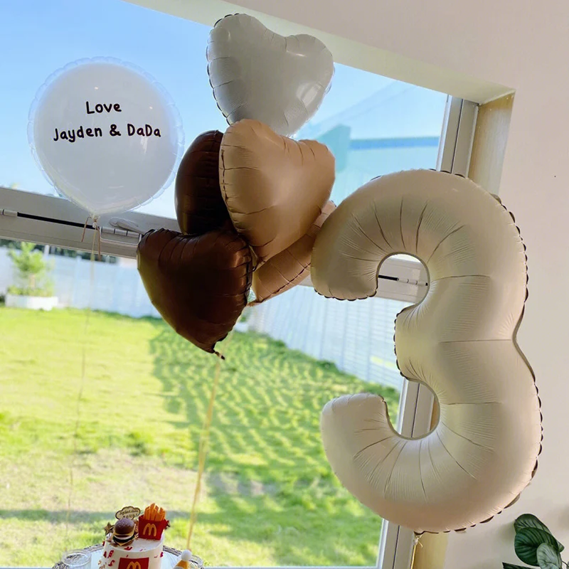 6pcs Brown Beige Cream Heart Balloons Kit With 40inch Cream Number Balloon Children’s Birthday Party Decoration Set Baby Shower