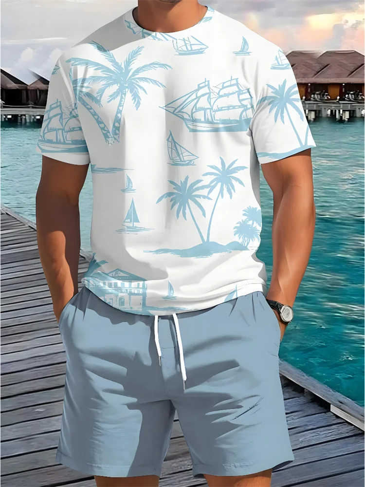 2 Piece Summer Casual Everyday Men's Short Sleeve Shorts Set Hawaiian Print Men's T-shirt Outdoor Sports Men's Beach Shorts