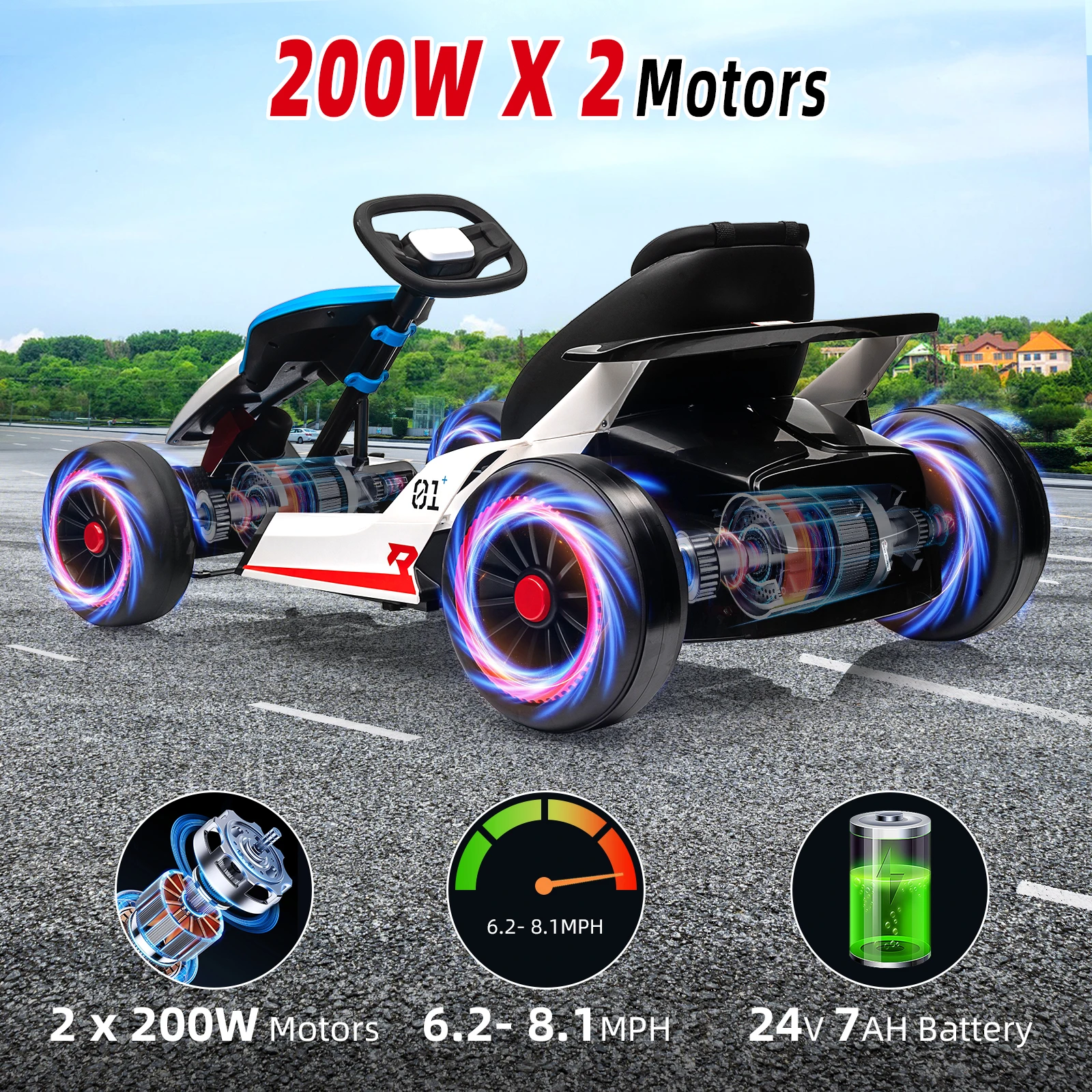 24V Go Kart Ride On Racing Speelgoed voor kinderen 6+ Ride On Drift Kart met 200W*2 Extra krachtige motoren Grote batterij met muziekhoorn