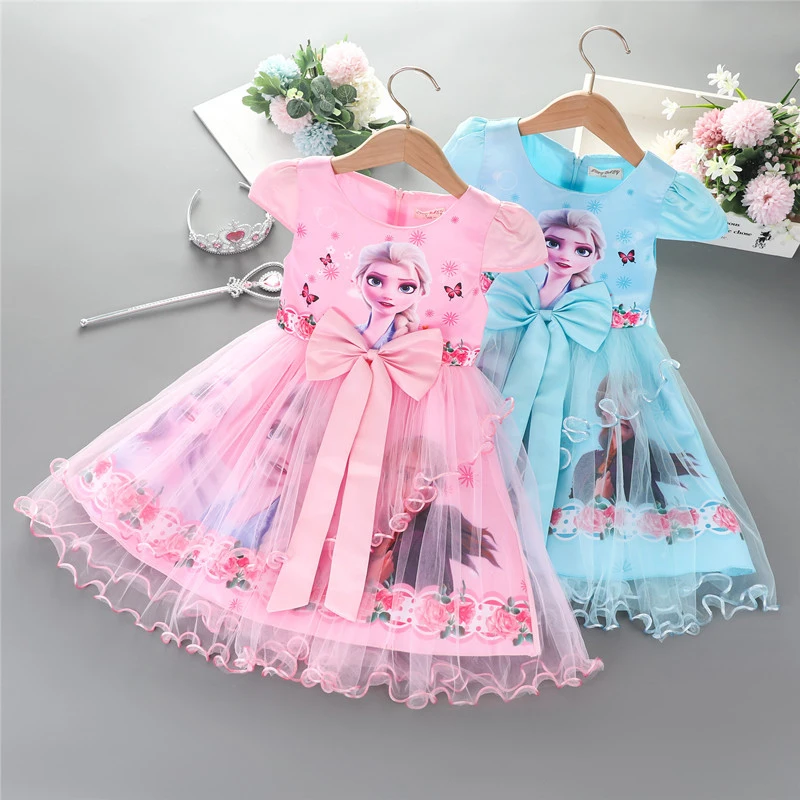 2024 Summer Frozen Elsa Anna Princess Dress for Girls Pretty Korean Kid Birthday Party Costume Vestidos Bow Tie Outfits Clothing