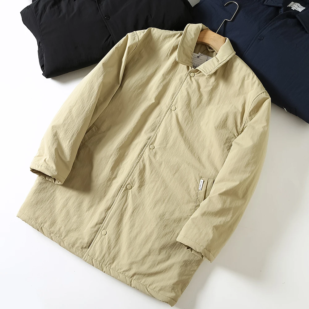 

Мужская теплая хлопковая куртка в японском ретро-стиле, средней длины, однотонная, с отложным воротником, модная, повседневная, свободного кроя, молодежная, популярная