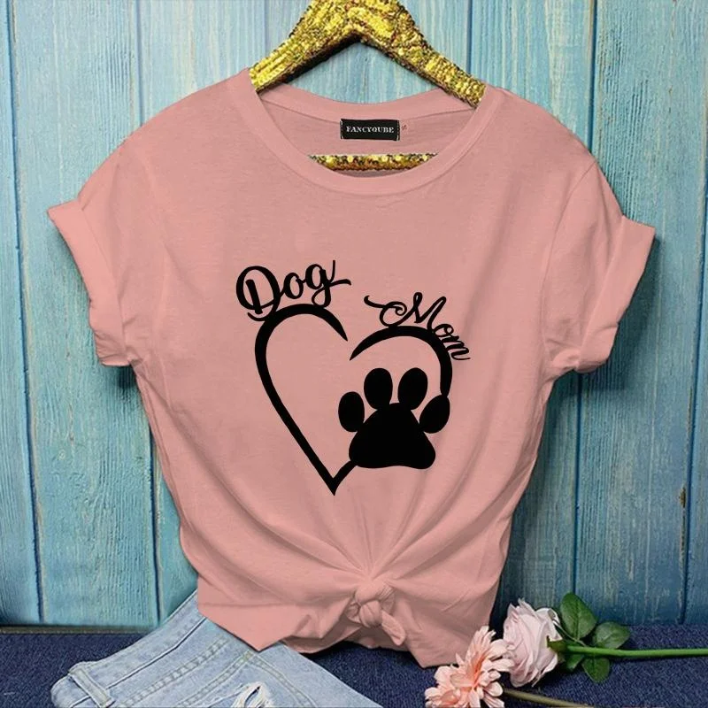 Women's New Fashion Dog Mom Heart Pattern Printed T-Shirt Cute Dog Paw Print Short Sleeve Shirt Dog Lovers T-Shirt Tops