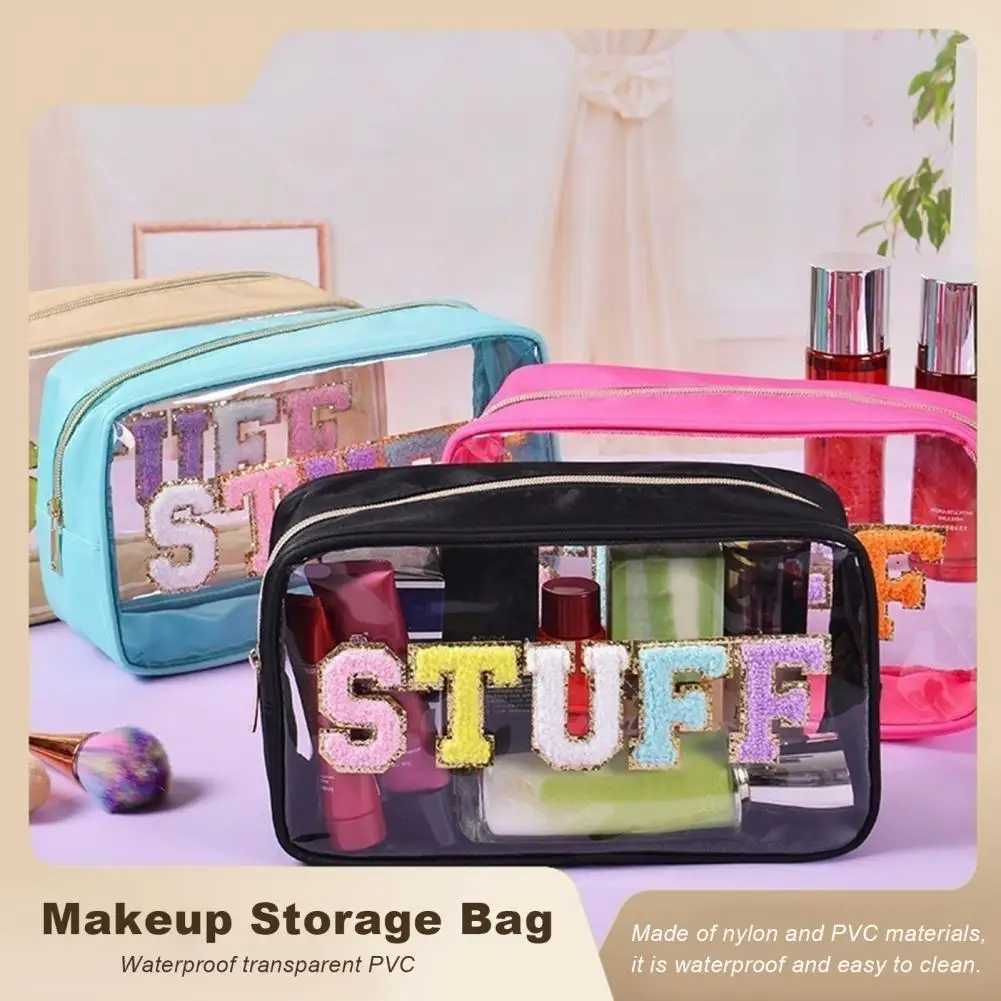 

Waterproof PVC Cosmetic Bag Clear Visible Fashion Letter Patch Zipper Rectangle Travel Toiletry Makeup Pouch Travelling Use