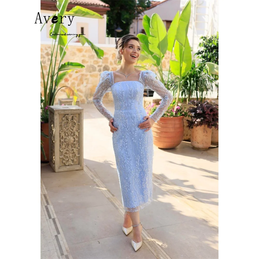 

Avery Custom Blue Lace Square Neck Fishtail Evening Dresses Woman Elegant Party Dresses 2025 Woman Luxury Evening Dress Women's