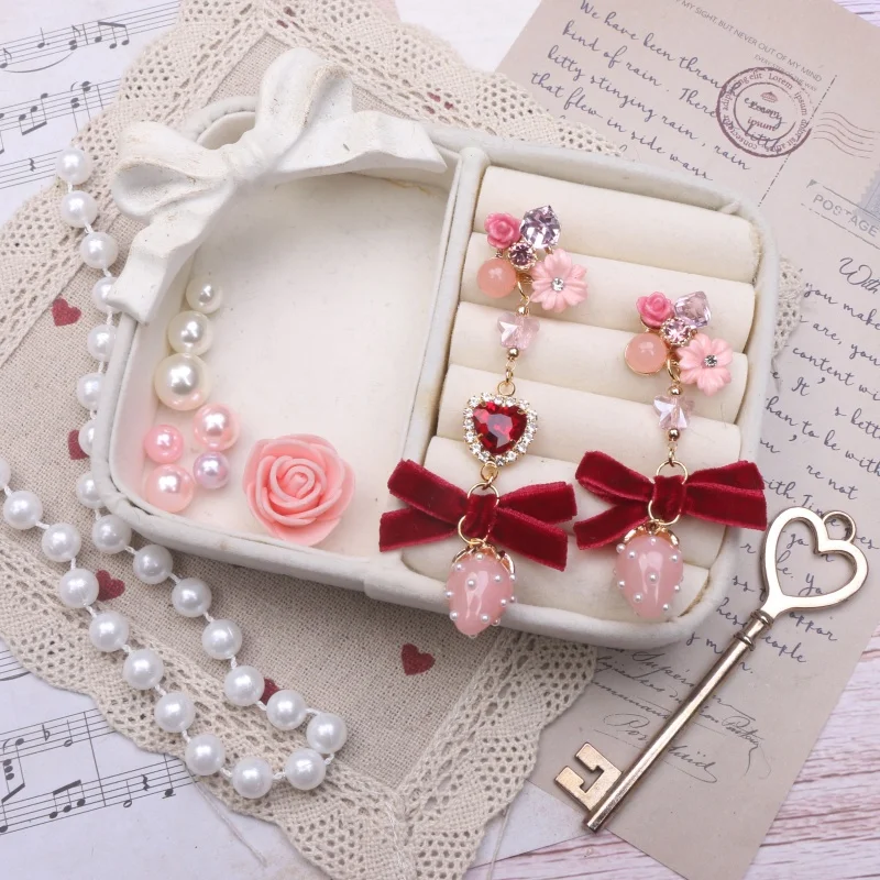 Japanese Handmade Original Velvet Bow Flower Love Rhinestone Strawberry Pendant Earrings Earrings Women's Lolita Accessories