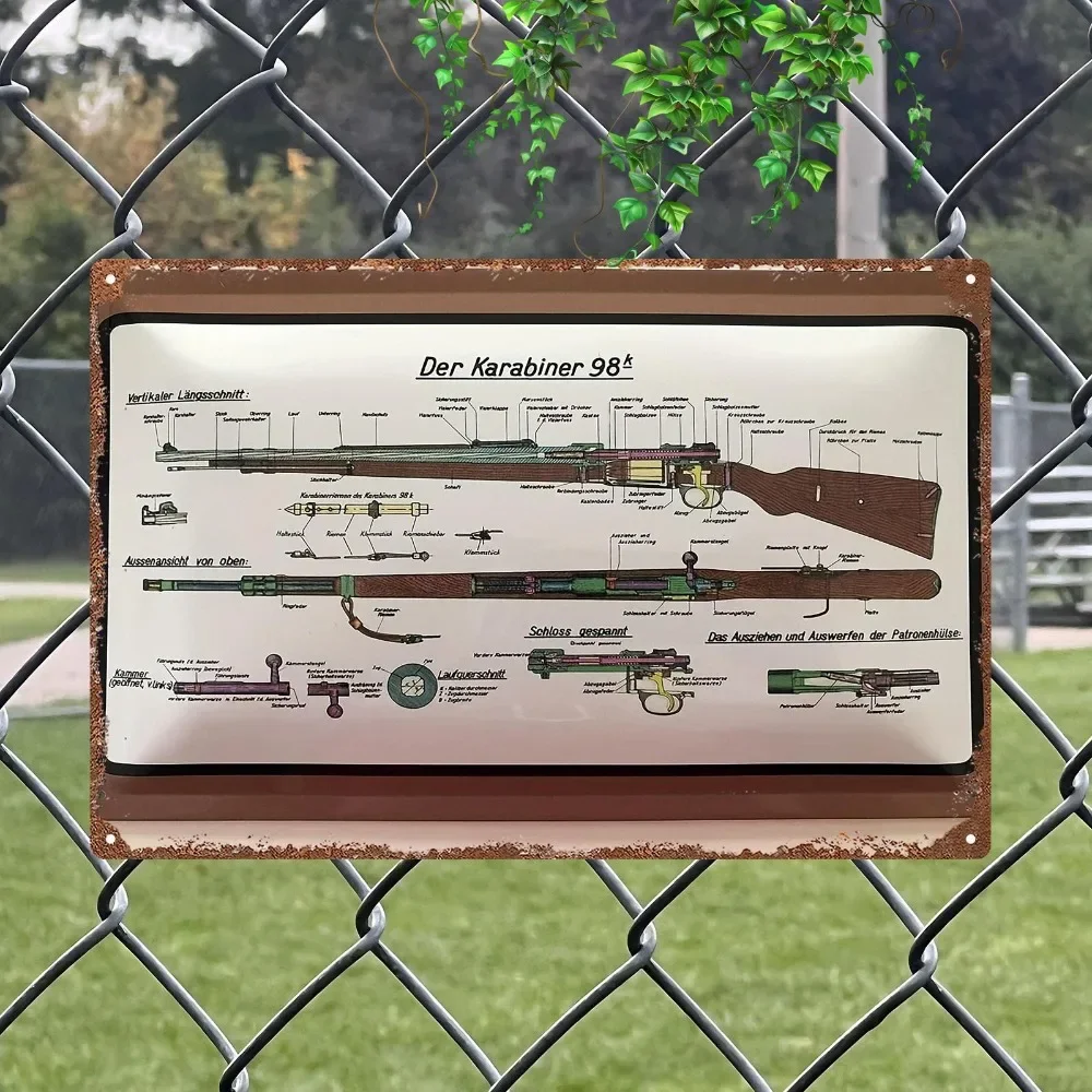 Karabiner 98k Blueprint Metal Wall Art, 8x12in Iron Technical Diagram with Detailed Components, Vintage Gun Decor for Home Of