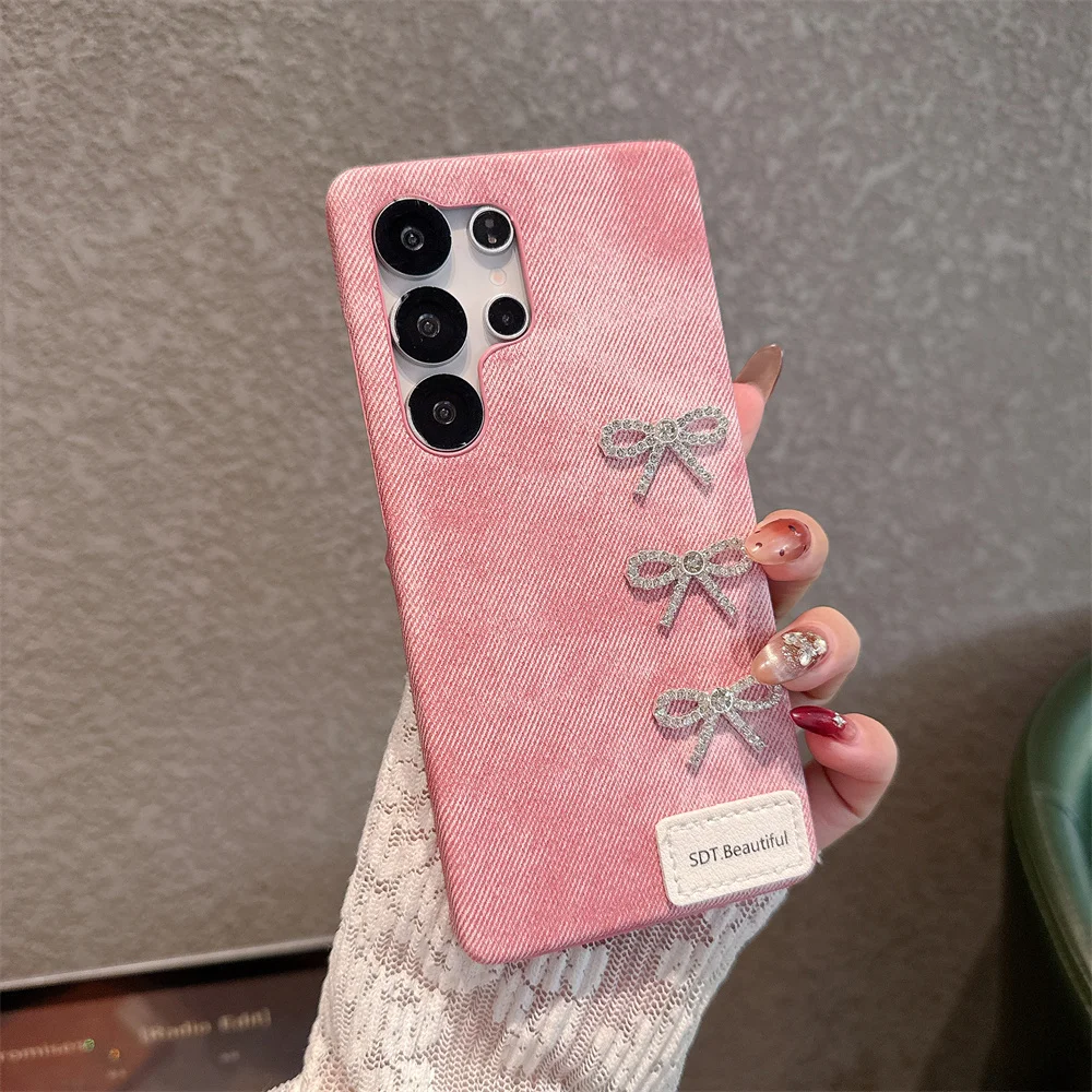 

S26 Ultra Y2K Luxury Glitter Rhinestone Bow knot Phone Case for SamSung Galaxy S25 S24 S23 Girly Jeans Washed Denim Fabric Cover