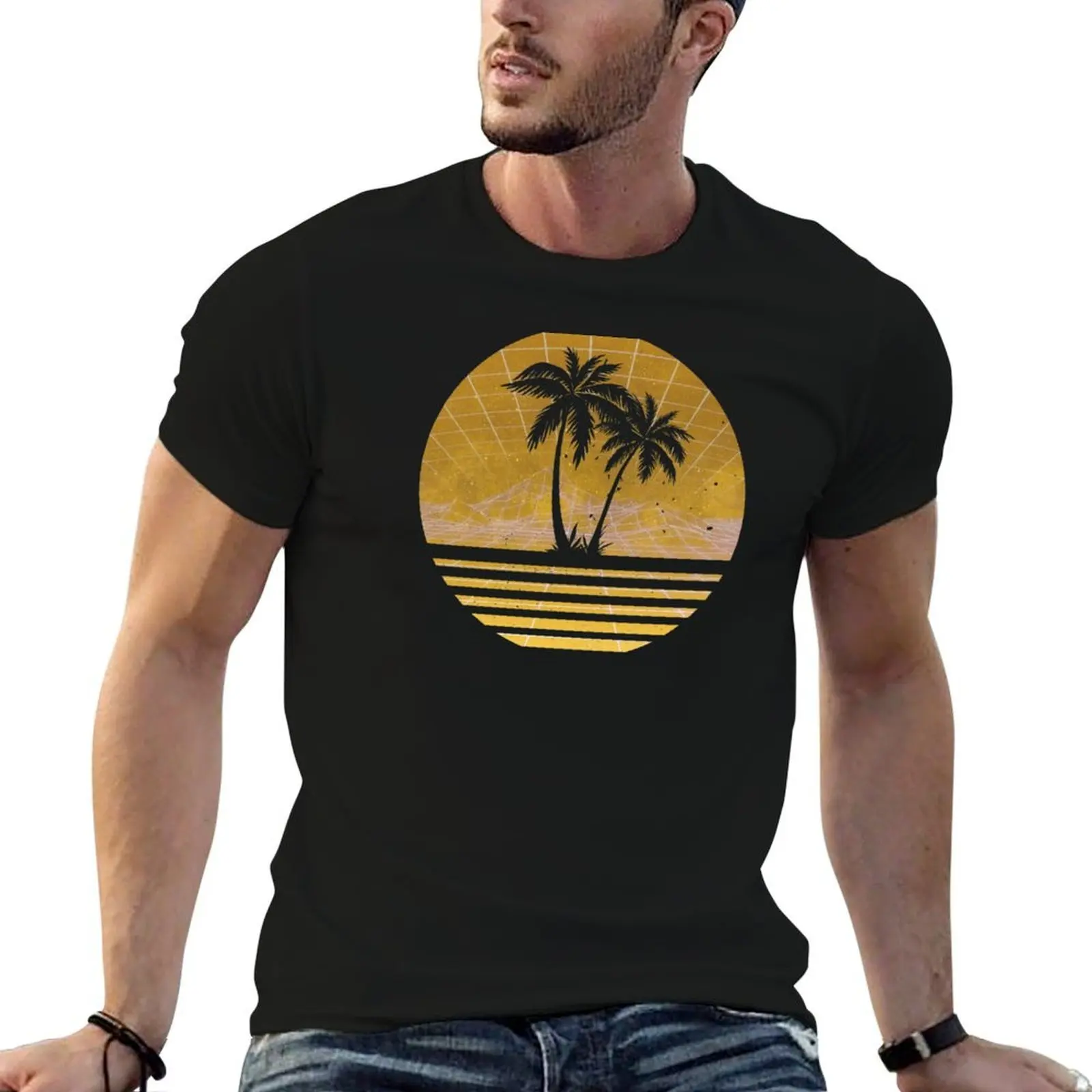 الحديثة الرجعية 80s Outrun غروب الشمس شجرة النخيل صورة ظلية-الذهب تي شيرت تي شيرت رجل عادية تي شيرت القطن 100% تي شيرت