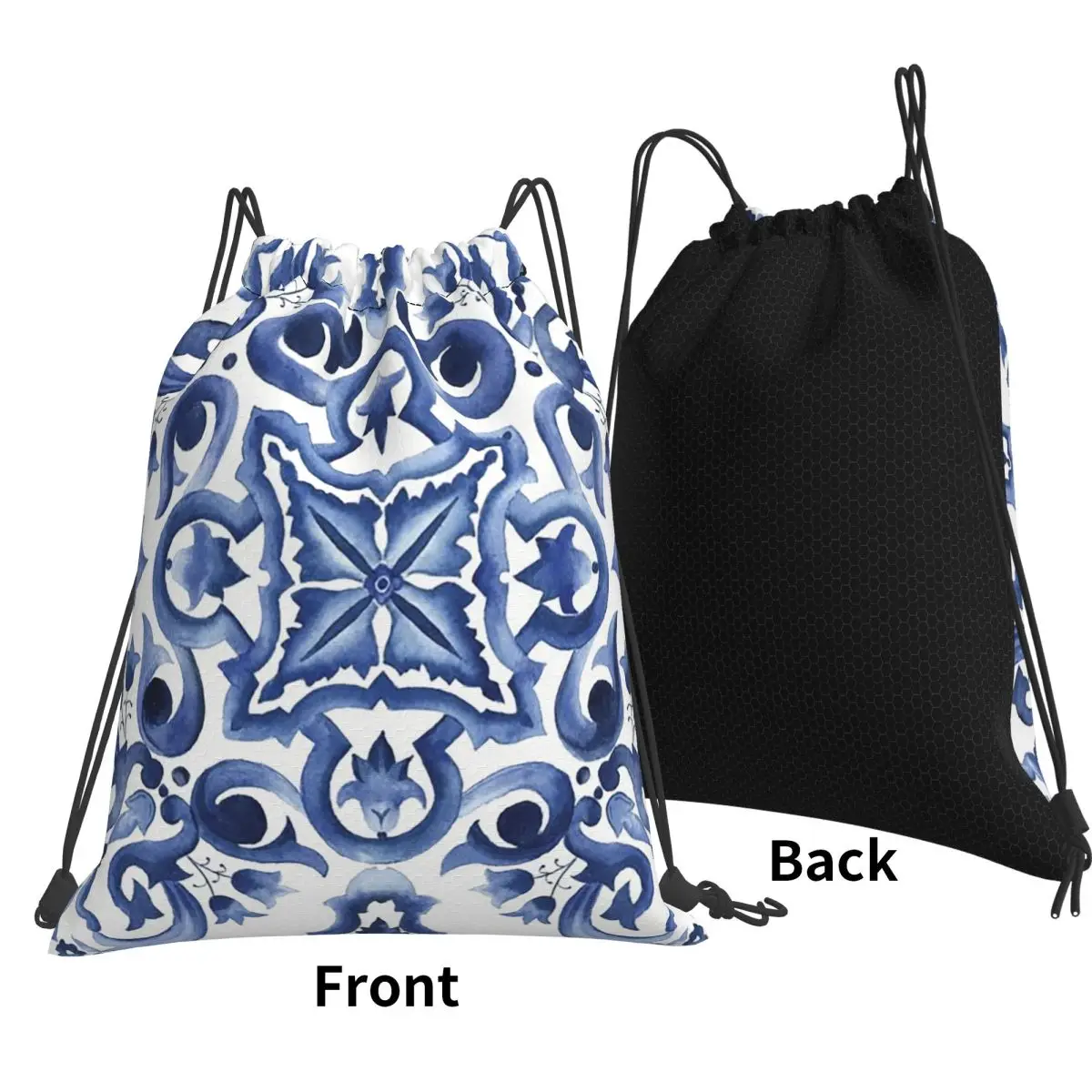 Blue Ornate Floral Mediterranean Sicilian Tile Backpacks Casual DrawstringBundle Pocket Storage BagBook Bags for Travel Students