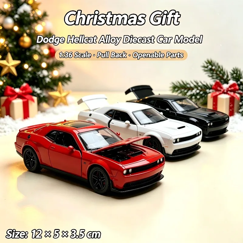1:36 Dodge Challenger Hellcat Alloy Car Model, Pull Back Diecast Toy, Collectible Muscle Car, Christmas Gift for Kids