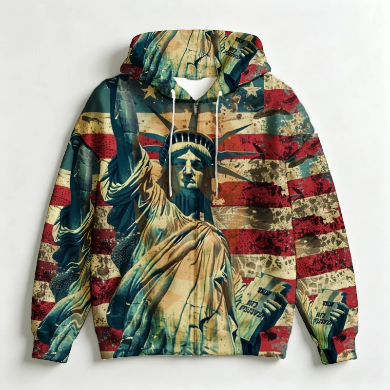 Men Zip Up Hoodie 3D Statue Of Liberty Star Stripe American Theme Print Drawstring Casual Sweatshirt Male Outerwear